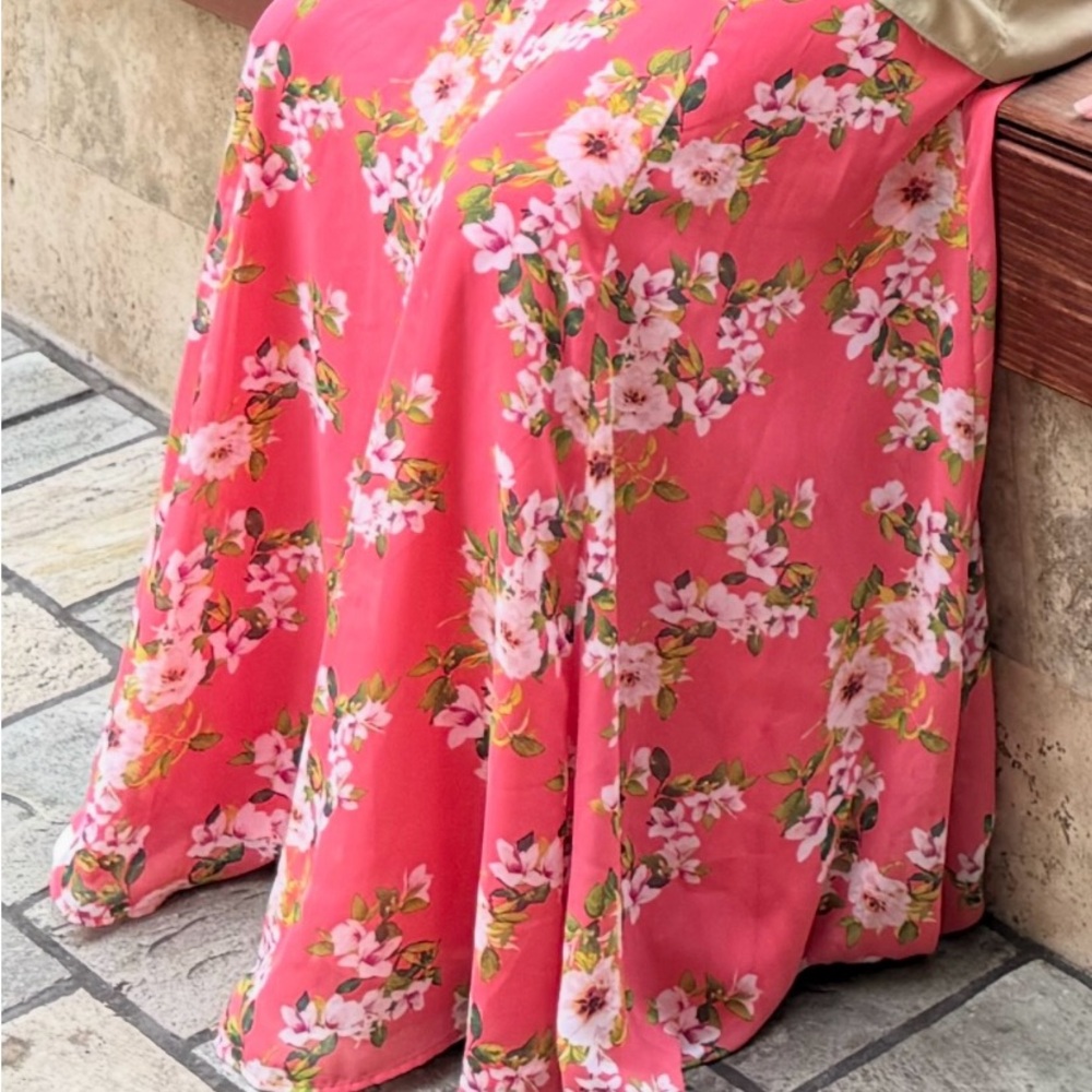 Floral Pink Maxi Skirt, pure chiffon Fabric, Silk underneath.Beautiful fall.